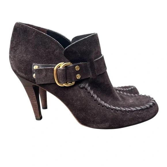 TORY BURCH Belen Suede Ankle Stiletto Booties Brown Buckle Women’s Size 10.5
